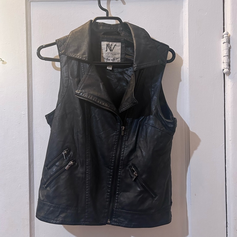 Black Leather Vest with Zipper Details